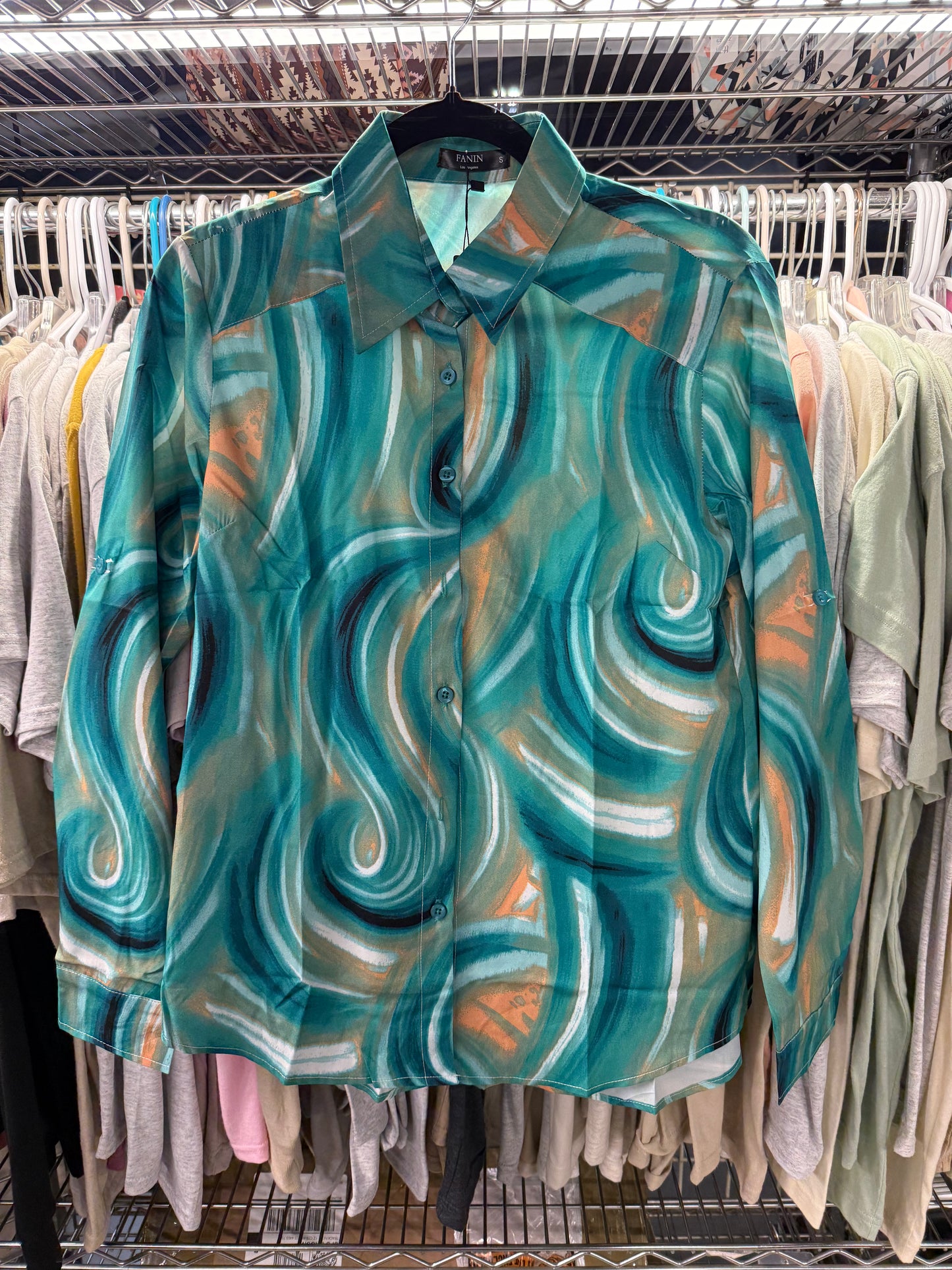 Green Pattern Button Down Top