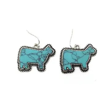 Western Turquoise Stone Cow Earrings