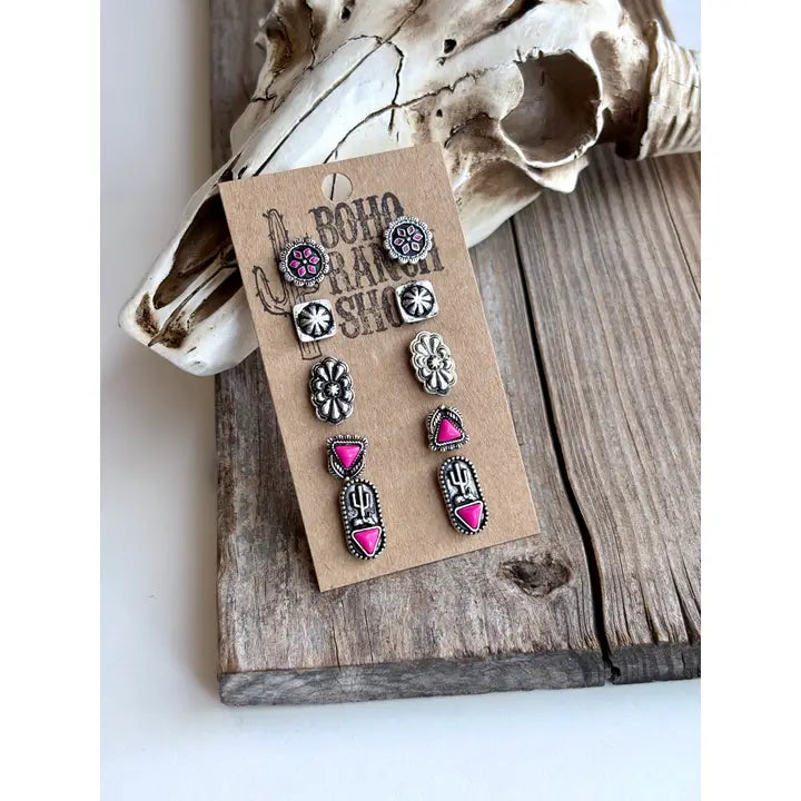 5 Pack Pink Western Stud Earrings