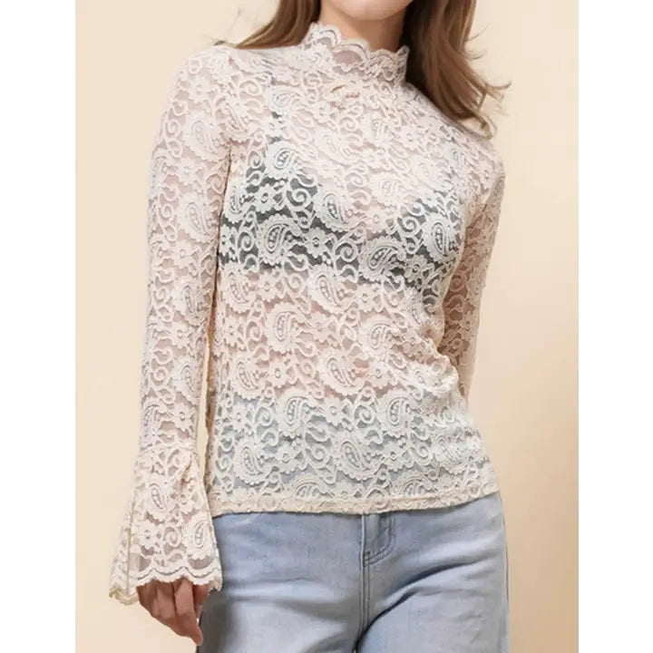 Beige Bell Sleeve Lace Top