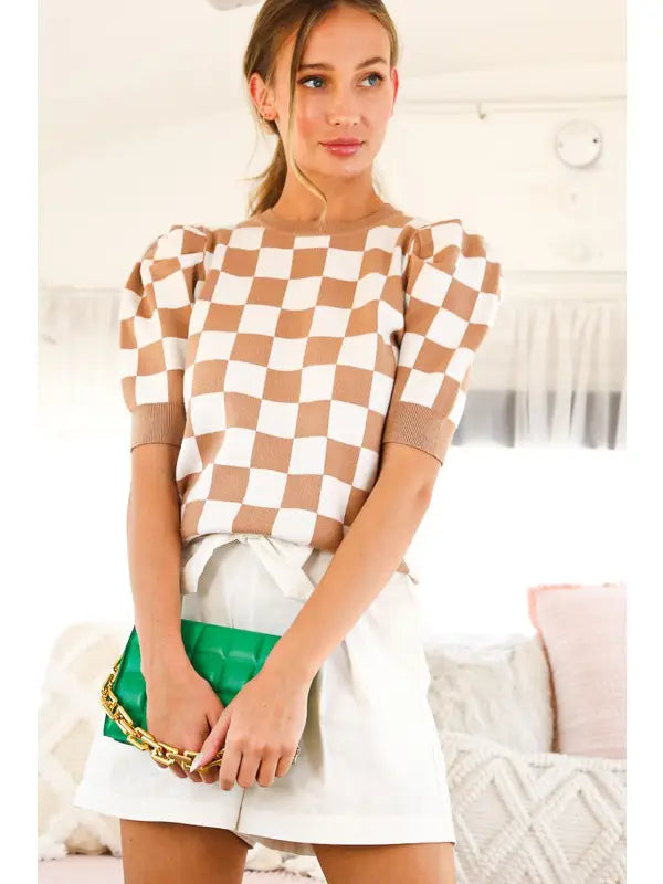 Checkered Crew Neck Puff Sleeve Sweater