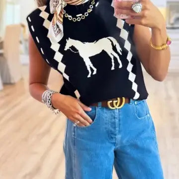 Western Vintage Horse Knit Vest Top