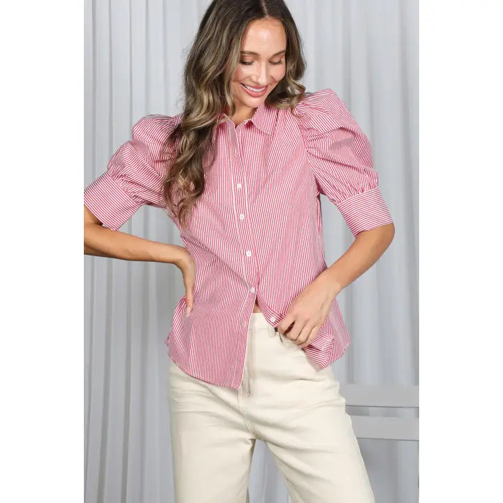 Collared Striped Puff Sleeve Blouse