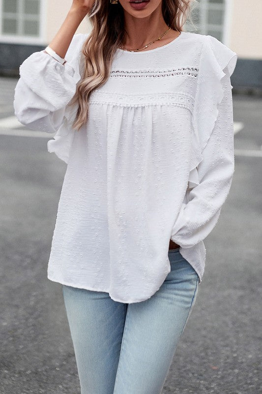 Lace Eyelet Ruffle Shoulder Long Sleeve Blouse