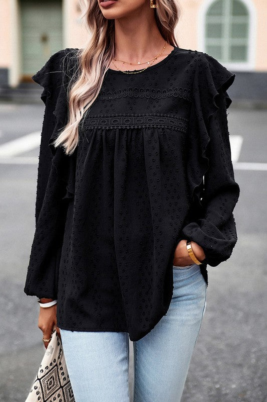 Lace Eyelet Ruffle Shoulder Long Sleeve Blouse