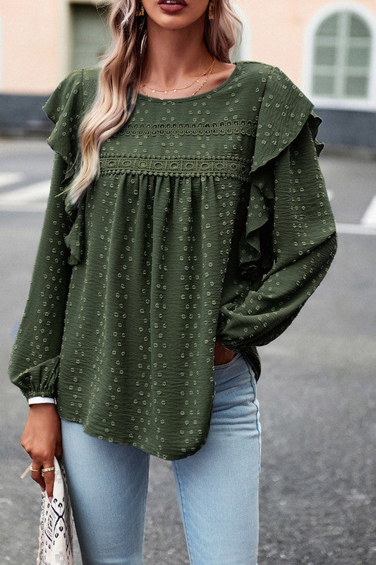 Lace Eyelet Ruffle Shoulder Long Sleeve Blouse