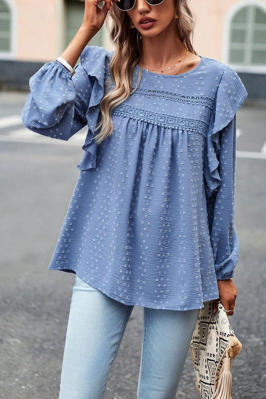 Lace Eyelet Ruffle Shoulder Long Sleeve Blouse