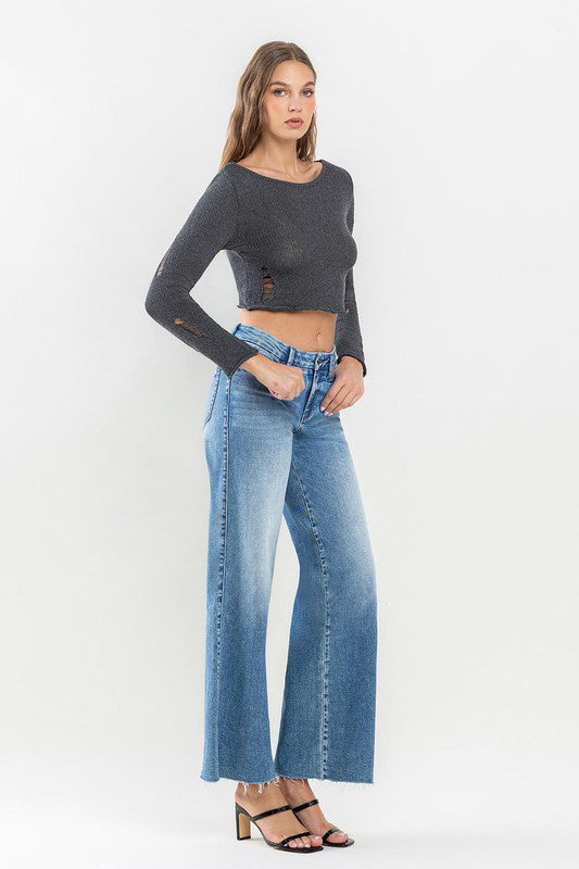 Mid Rise Raw Hem Wide Leg Jeans