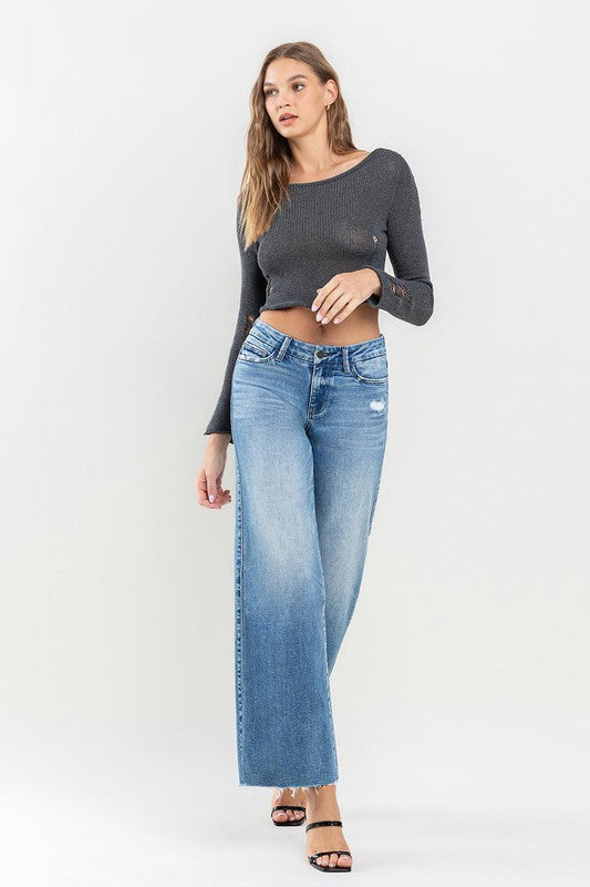 Mid Rise Raw Hem Wide Leg Jeans