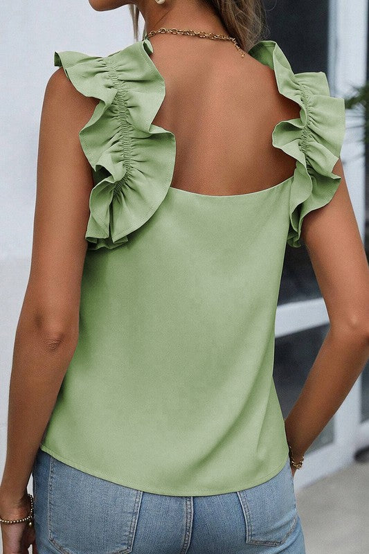 Solid Ruffle Trim Sleeveless Blouse