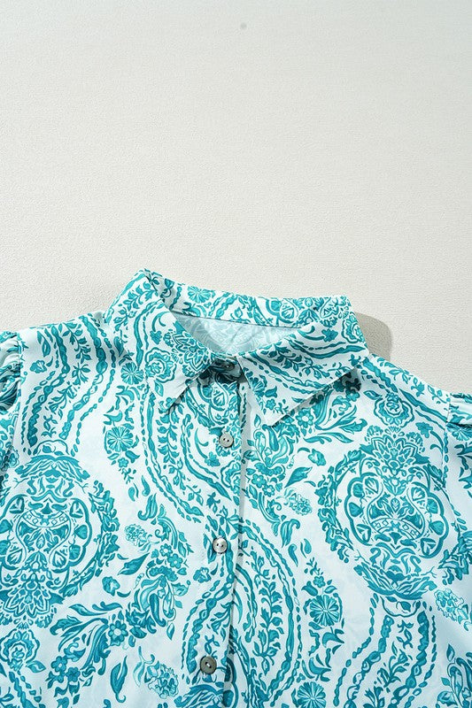 Paisley Print Smocked Cuffs Buttoned Loose Shirt