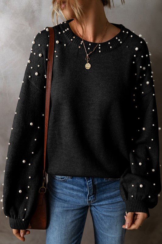 Pearl Drop Shoulder Round Neck Sweater