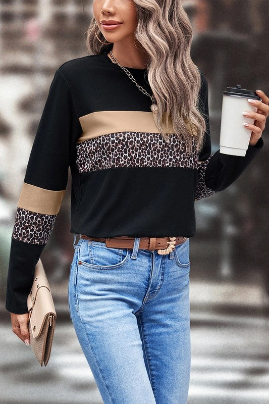 Leopard Colorblock Patchwork Crew Neck Top