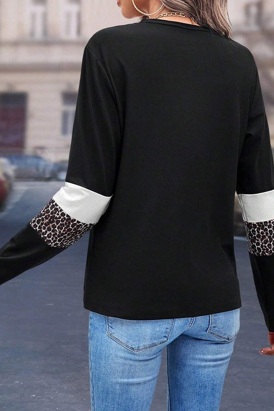 Leopard Colorblock Patchwork Crew Neck Top