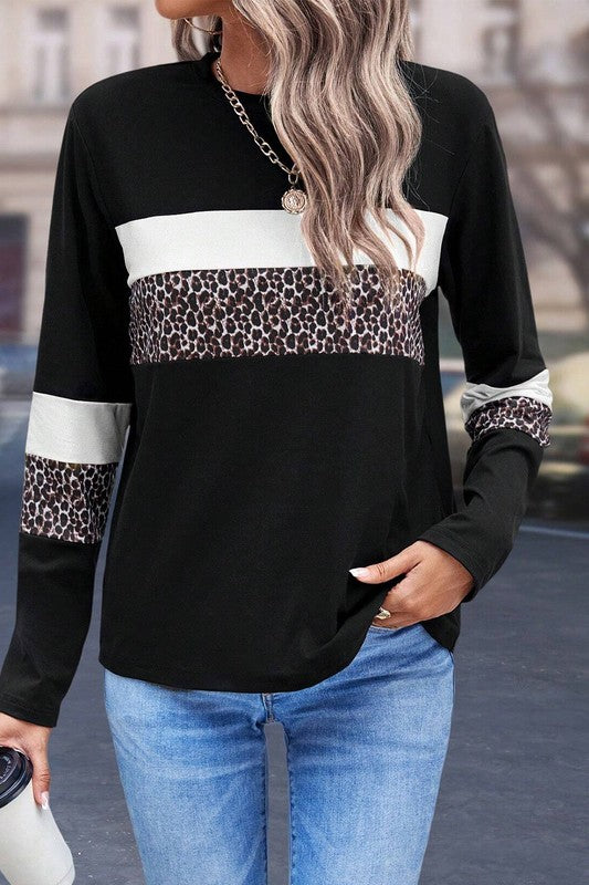 Leopard Colorblock Patchwork Crew Neck Top