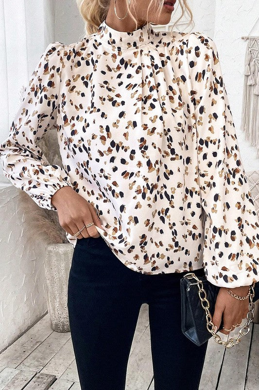 Leopard Print Puff Sleeve Mock Neck Pleated Blouse