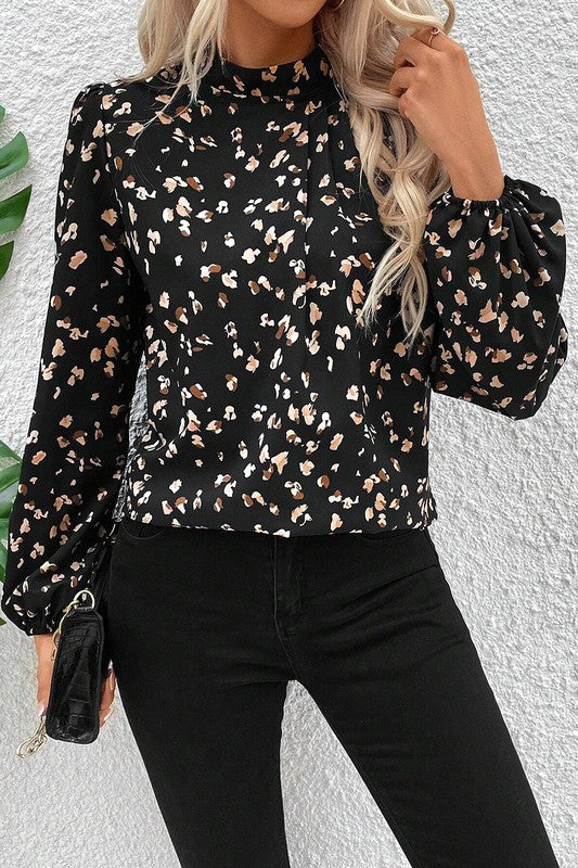 Leopard Print Puff Sleeve Mock Neck Pleated Blouse