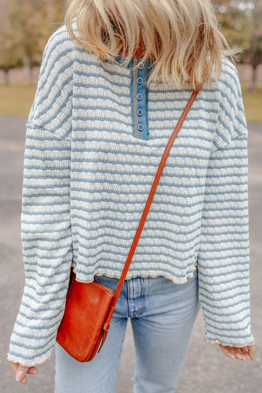 Stripe Textured Long Sleeve Henley Top