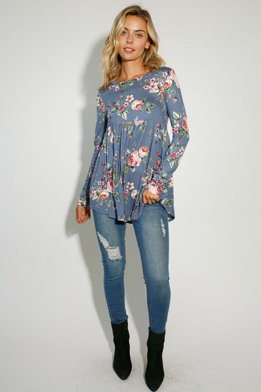 FLORAL PRINT JERSEY BABYDOLL TOP