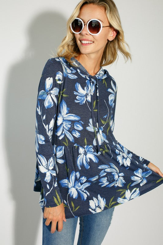 FLORAL JERSEY BABYDOLL WITH HOODIE CASUAL TOP