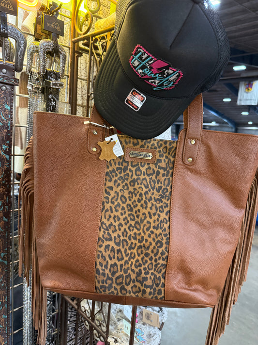 Leather Tote Bag with Leopard Print