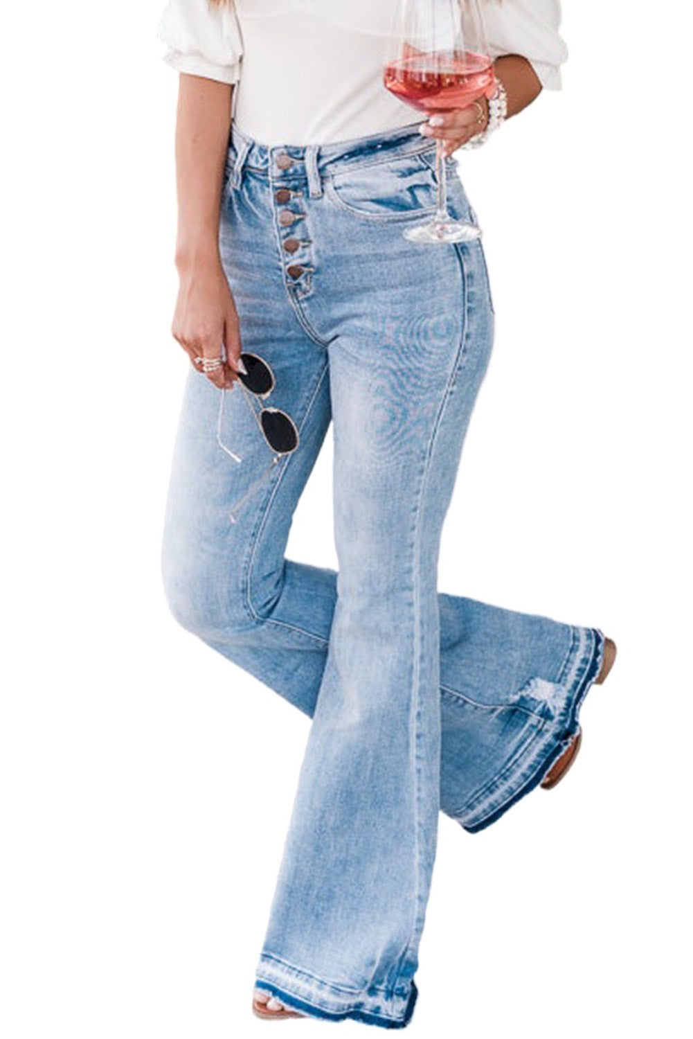 High Waisted Button Distressed Flare Jeans