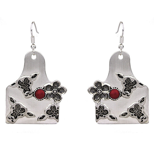 Red Rhinestone Cattle Tag Earrings