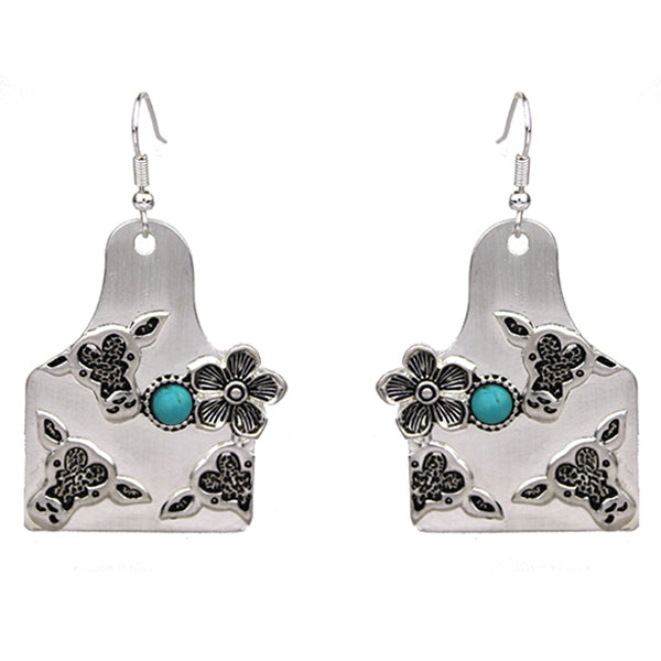 Turquoise Stone Cattle Tag Earrings