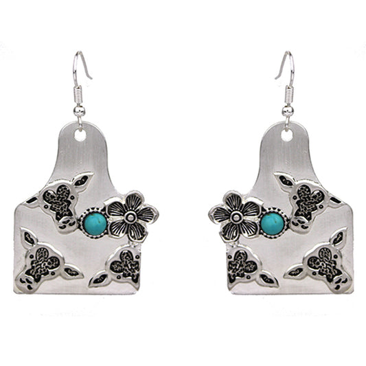 Turquoise Stone Cattle Tag Earrings