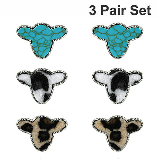 3 Pack Cow Head Earrings