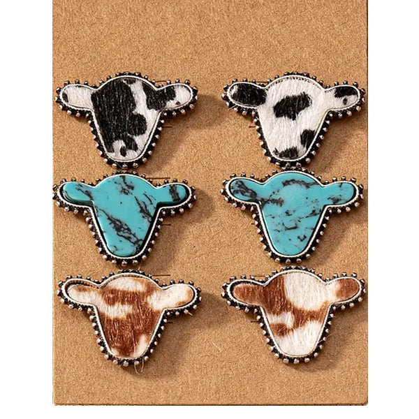 3 Pack Cow Head Earrings