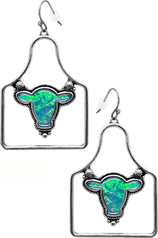 Opal Cow Head Cattle Tag Earrings