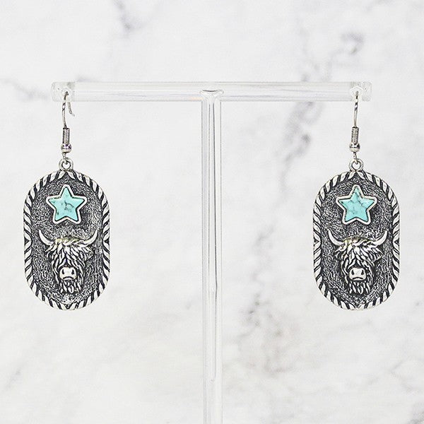 Highland Cow Turquoise Star Earrings