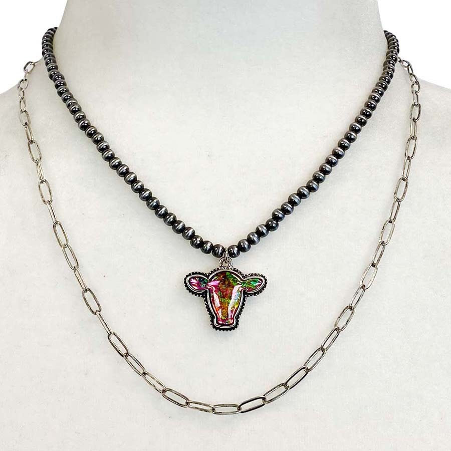 Opal Cow Head Necklace Set