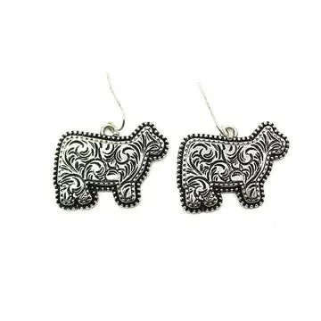 Western Etched Cow Dangle Earrings