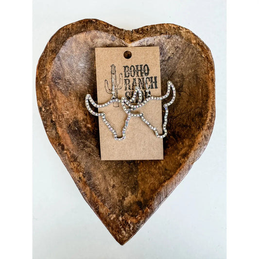 Silver Rhinestone Longhorn Earrings