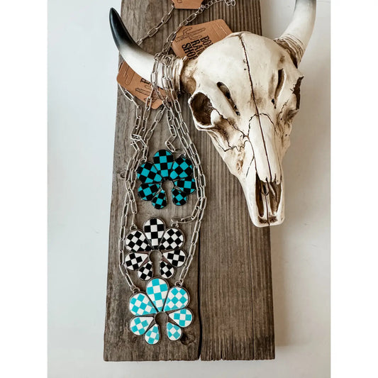 Black and Turquoise Western Checkered Squash Blossom Necklace
