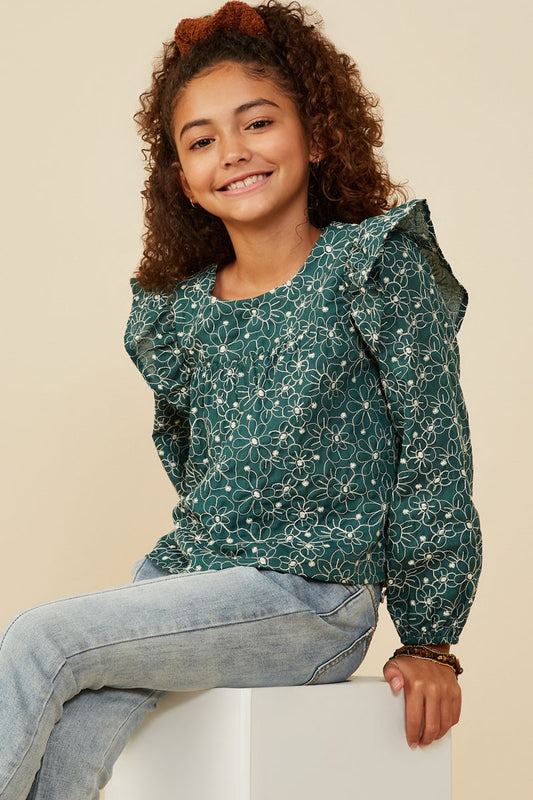 Girls Embroidered Ruffle Top