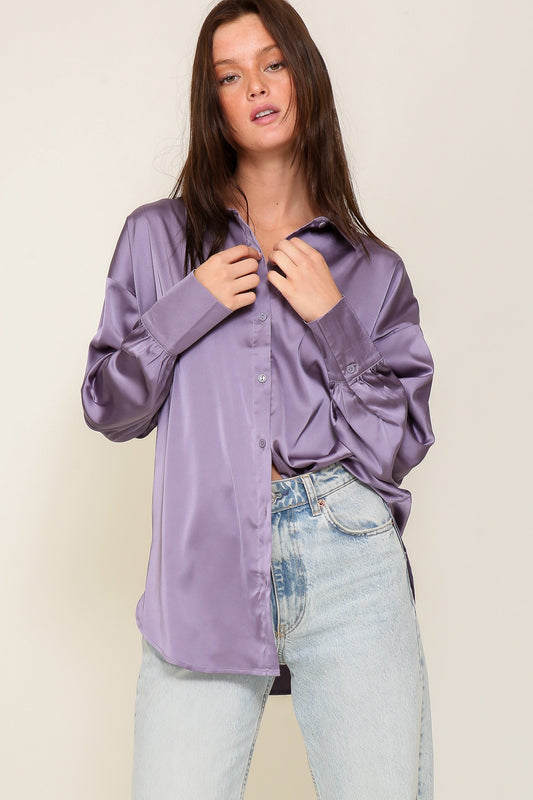Oversized Long Sleeve Satin Button Down
