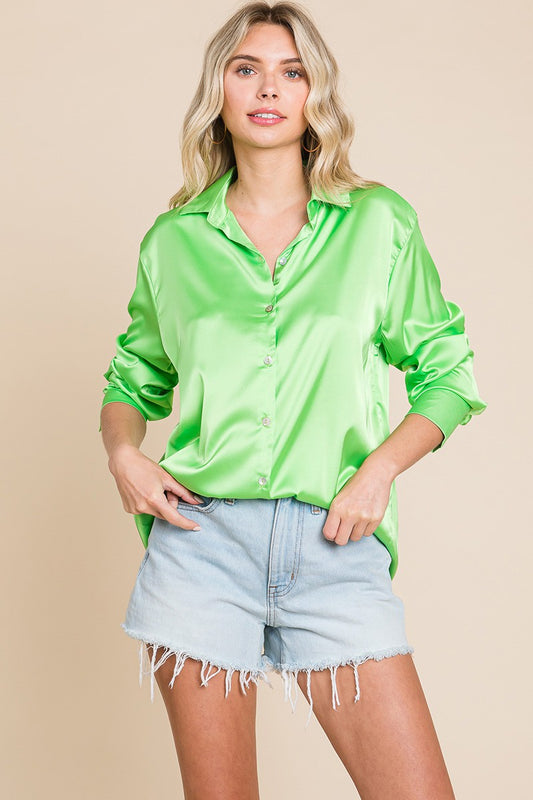 Lime Green Satin Button Down Shirt