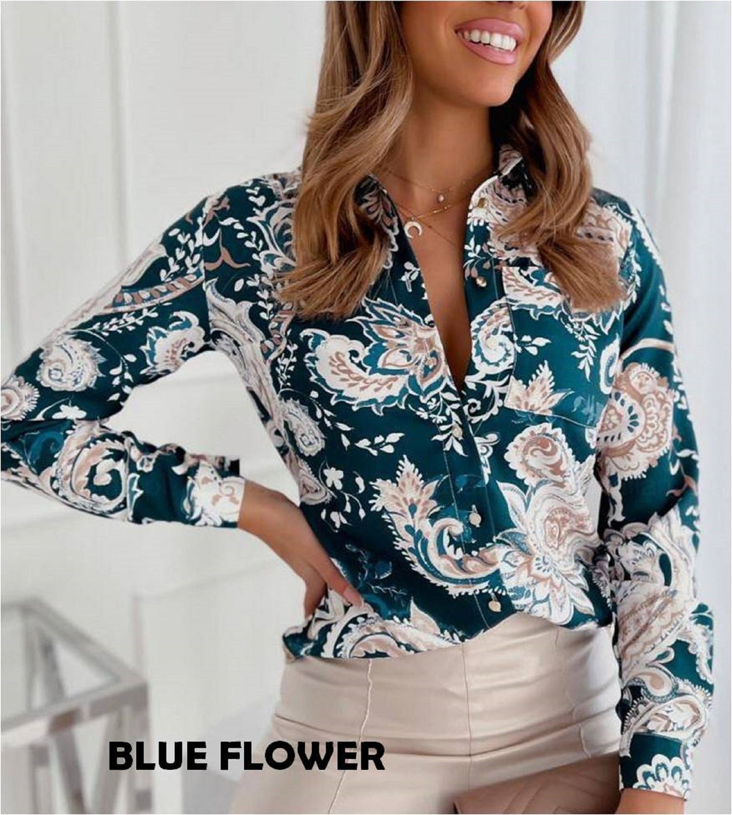 Blue Flower Button Down Top