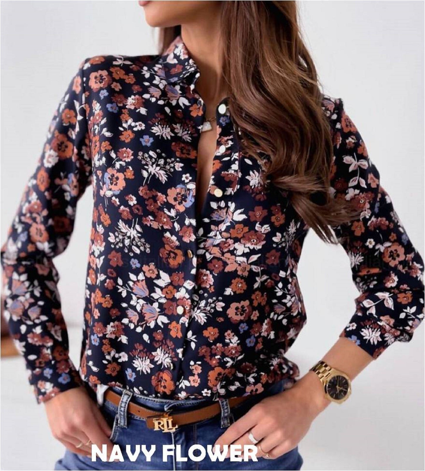 Navy Flower Button Down Top