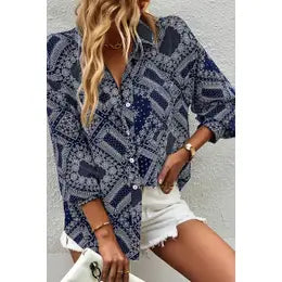 Printed Navy Button Up Top