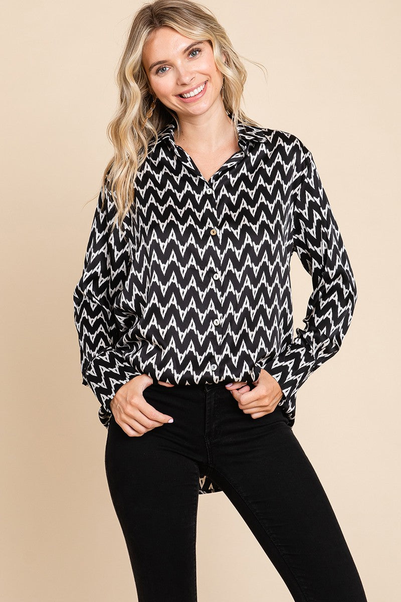 Chevron Long Sleeve Satin Blouse