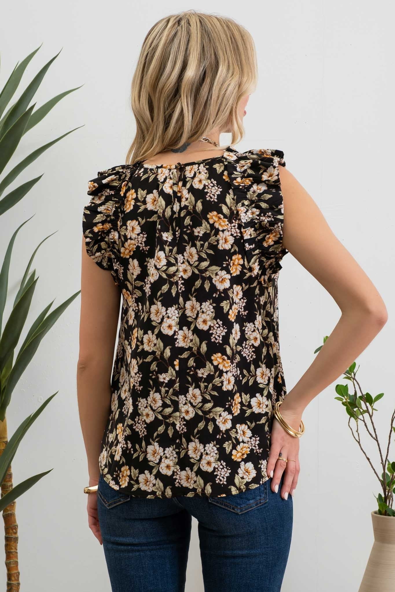 Floral Print Round Neck Ruffle Blouse