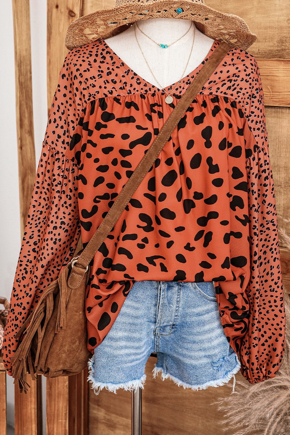 Leopard Print Bubble Sleeve Blouse