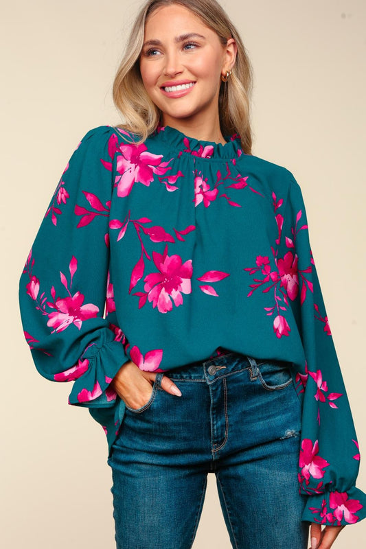 Floral Frilled Mock Neck Blouse