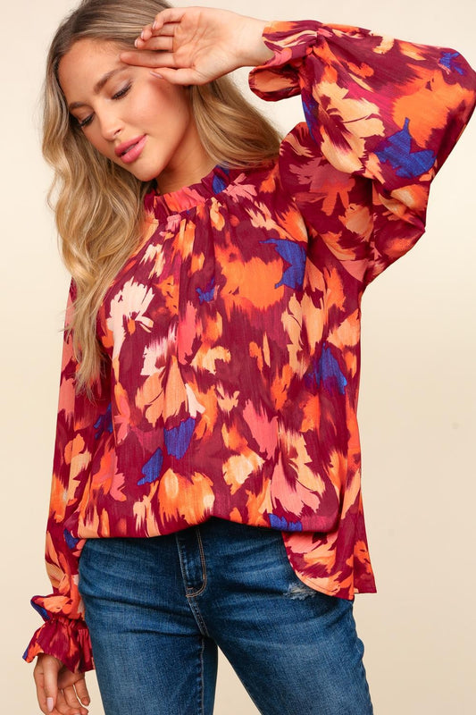 Bubble Sleeve Ruffle Hem Blouse