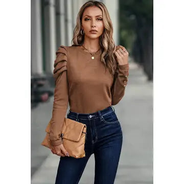 Brown Ruched Sleeve Sweater