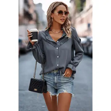 Button Front Ruffled Blouse